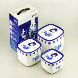 青花正方形保鮮盒三套